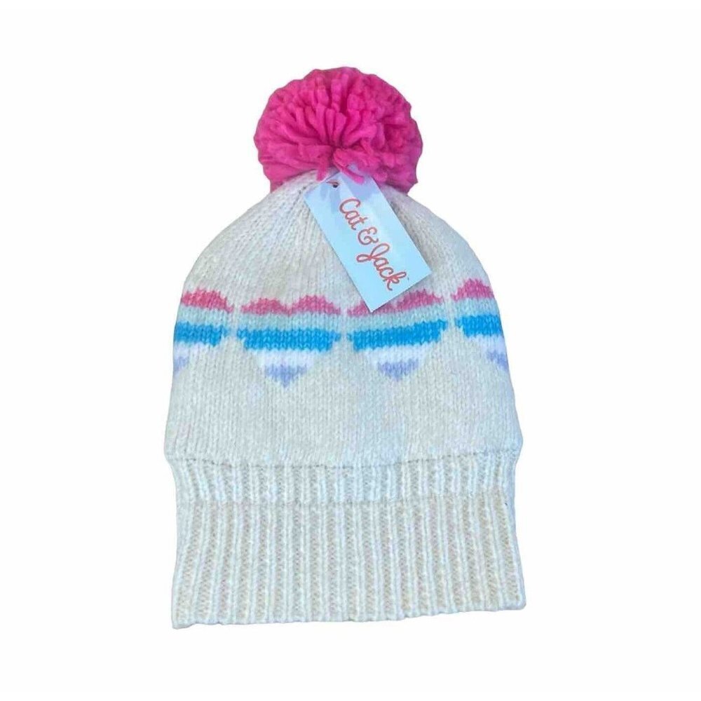 Cat & Jack Girls' 12-24M Multi Color Knit Beanie Stocking Cap w/ Faux Fur Pom